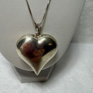 VTG Sterling Silver Puffed Heart Pendant Necklace Sweetheart Valentines Birthday